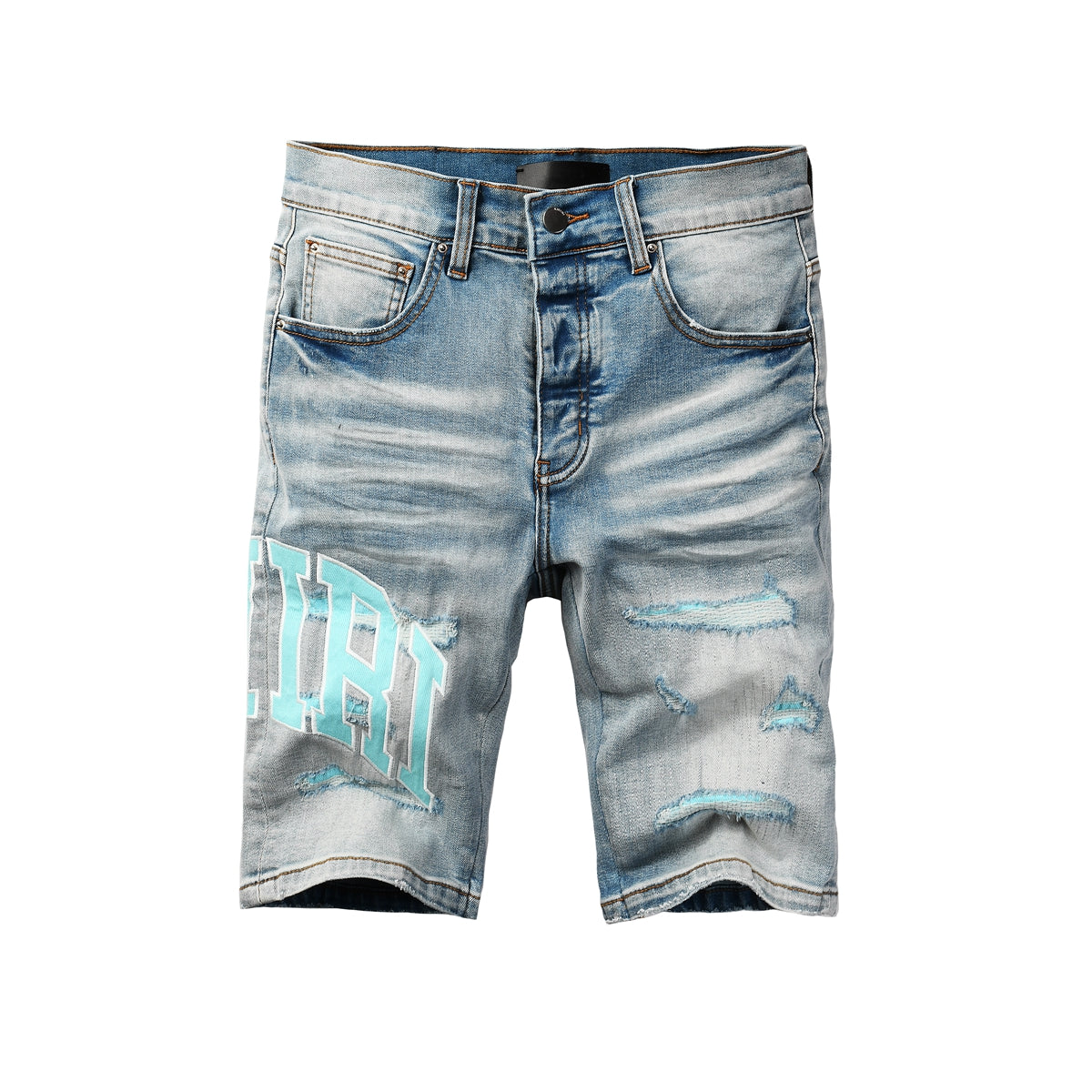 Men's Light Blue Ripped Denim Shorts with Washed Finish and Contrast Patch Accents 6007