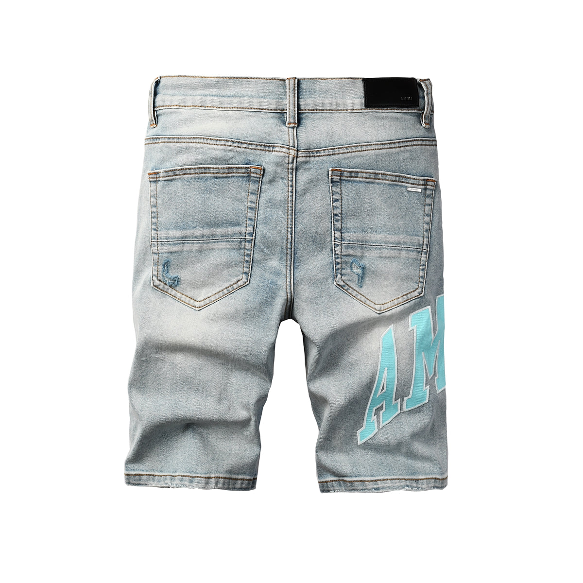 Men's Light Blue Ripped Denim Shorts with Washed Finish and Contrast Patch Accents 6007