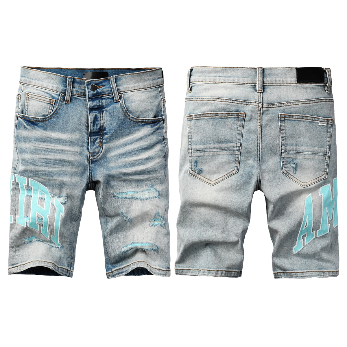 Men's Light Blue Ripped Denim Shorts with Washed Finish and Contrast Patch Accents 6007