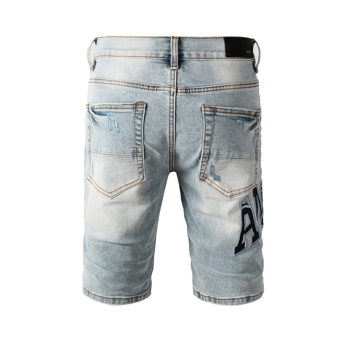 Men's Light Wash Denim Shorts with Heavy Distressing and Contrast Stitch Details 6008