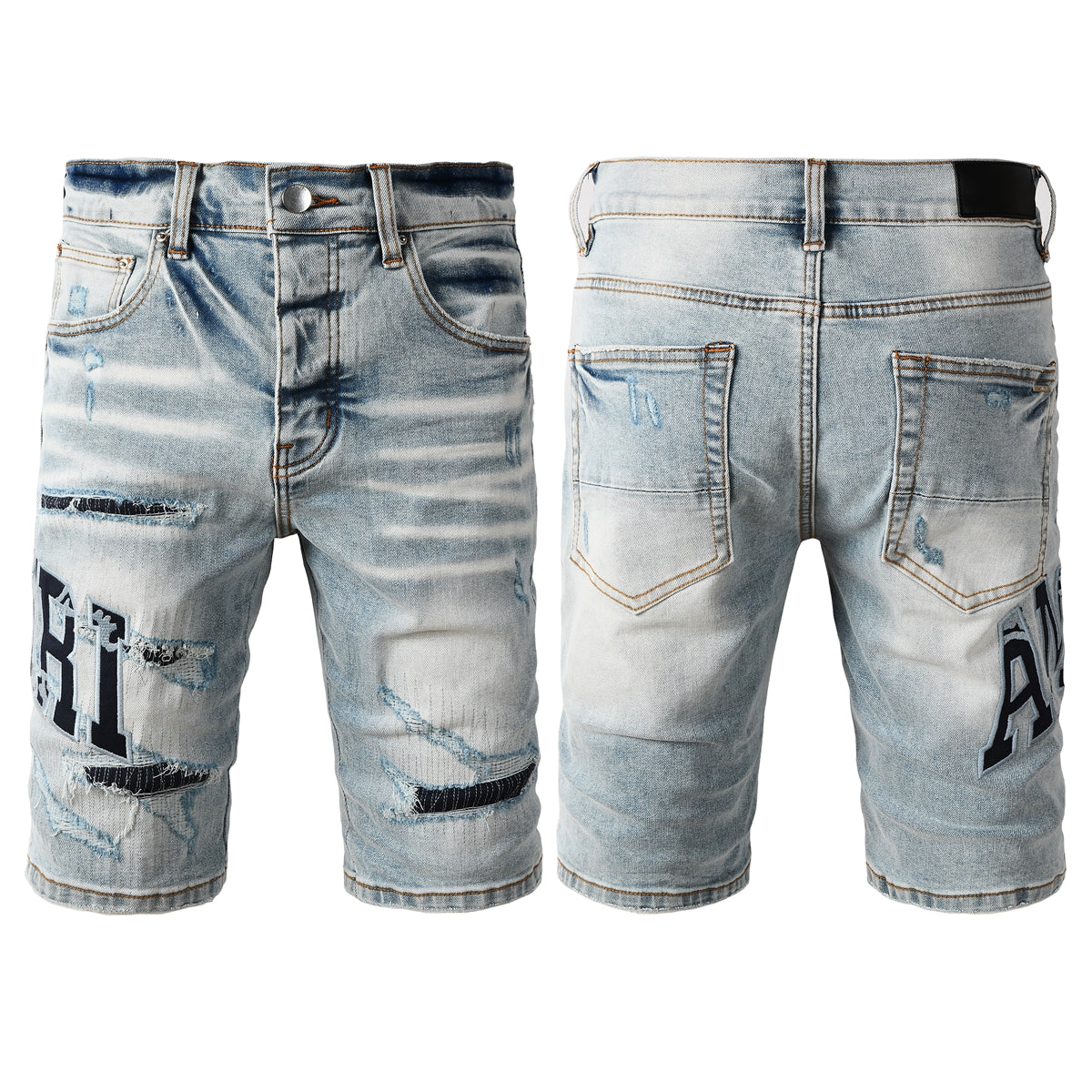 Men's Light Wash Denim Shorts with Heavy Distressing and Contrast Stitch Details 6008