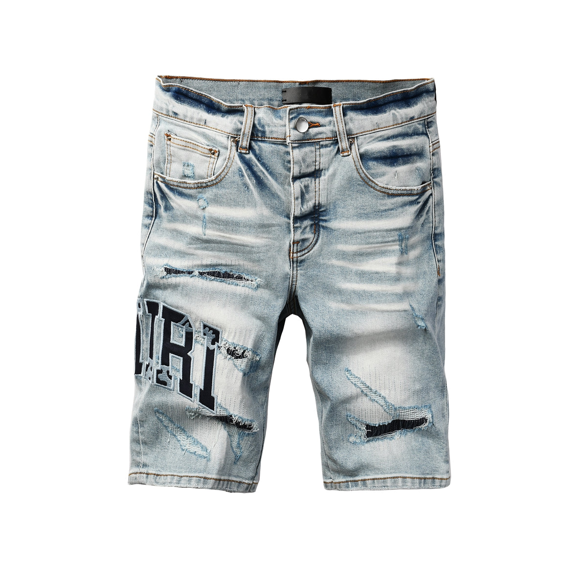 Men's Light Wash Denim Shorts with Heavy Distressing and Contrast Stitch Details 6008