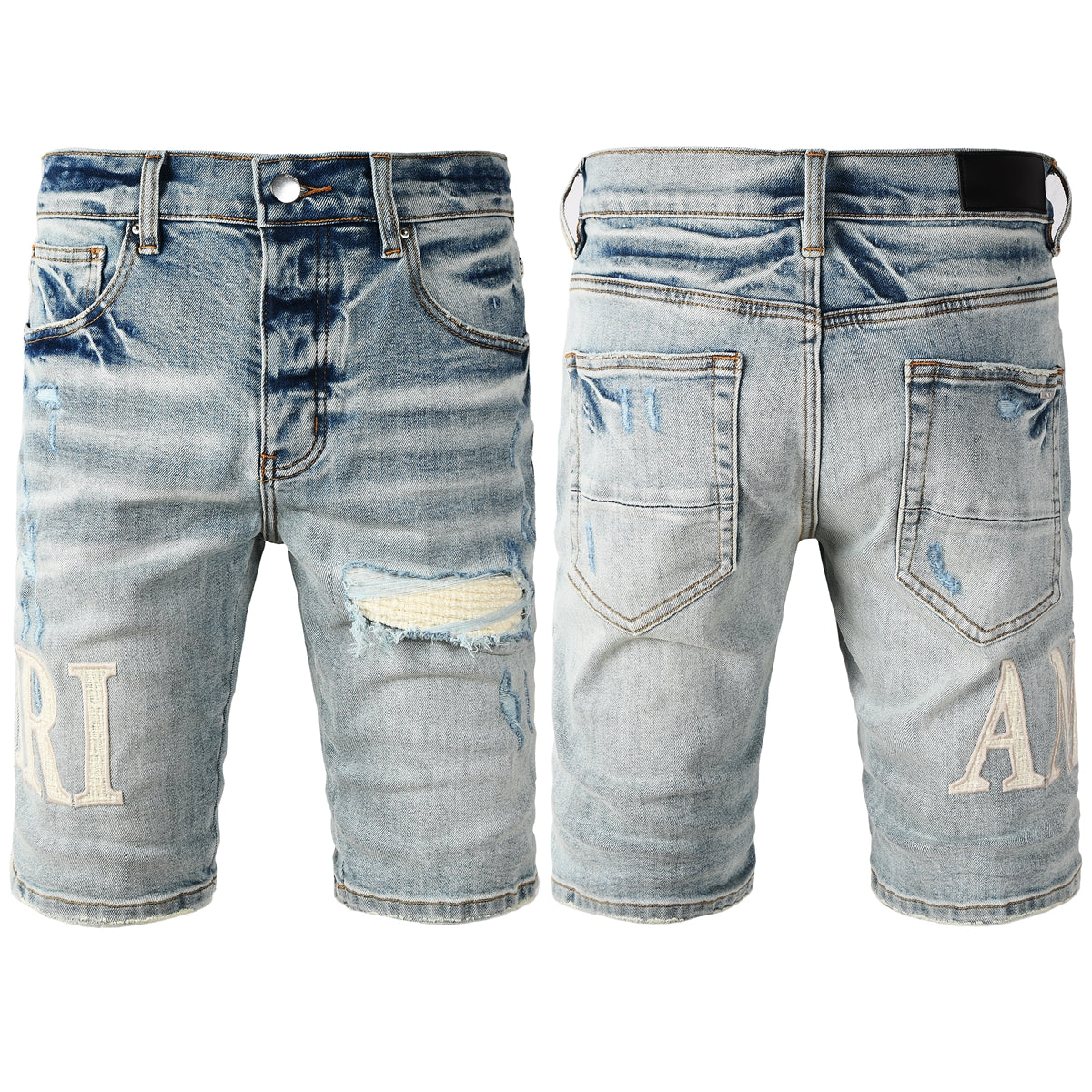 Men's Light Wash Ripped Denim Shorts with Heavy Fade and Frayed Knee Detail 6010