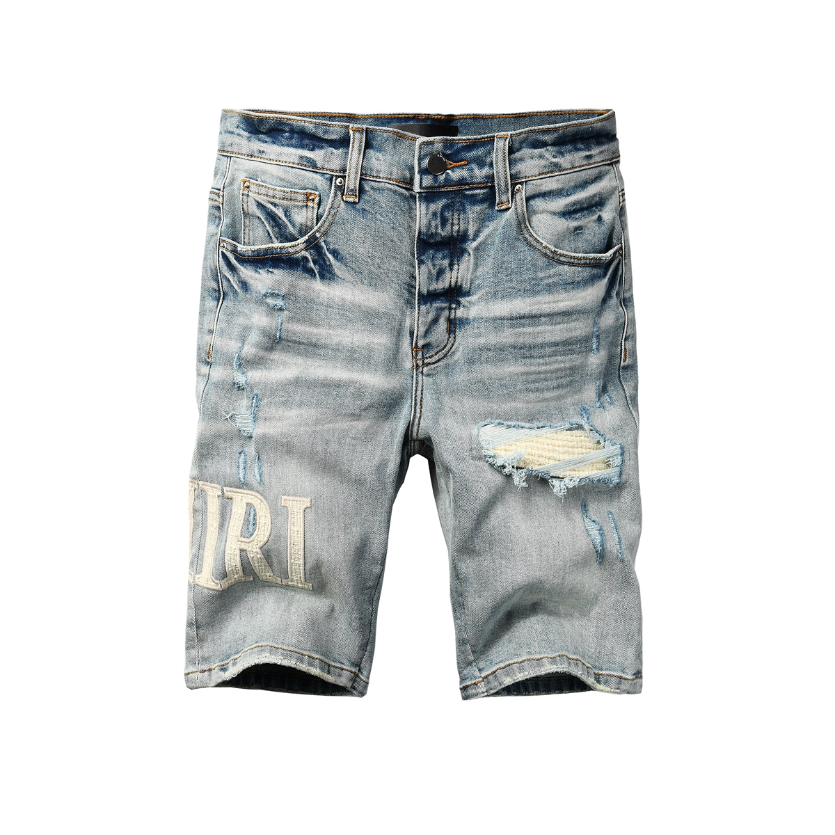 Men's Light Wash Ripped Denim Shorts with Heavy Fade and Frayed Knee Detail 6010