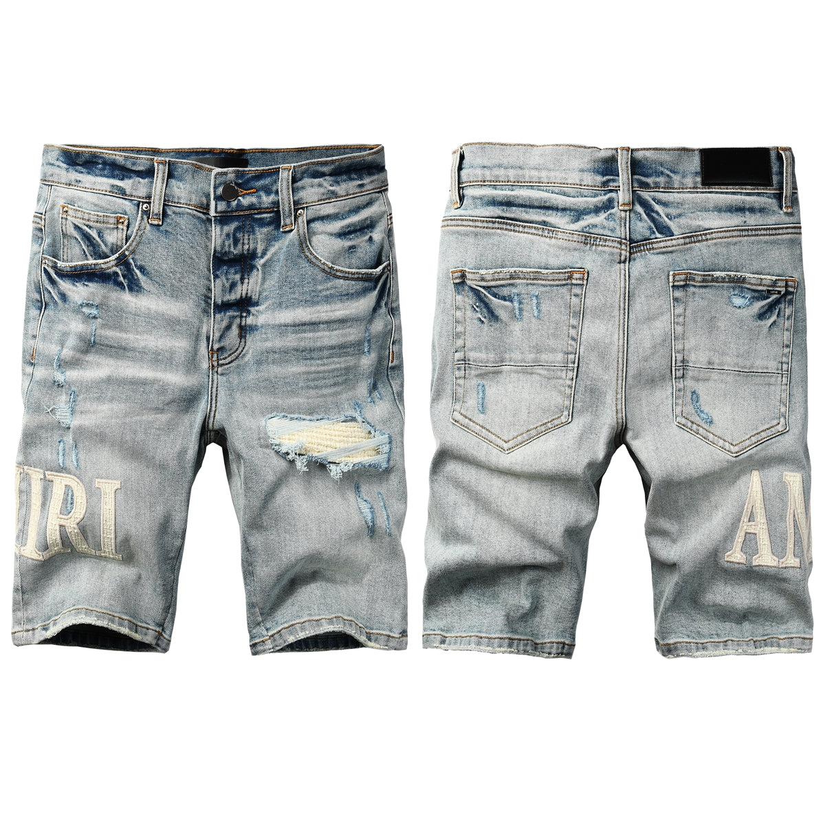 Men's Light Wash Ripped Denim Shorts with Heavy Fade and Frayed Knee Detail 6010
