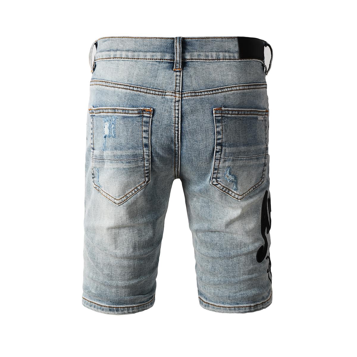 Men's Blue Distressed Denim Shorts with Embroidered Patchwork and Faded Wash 6011