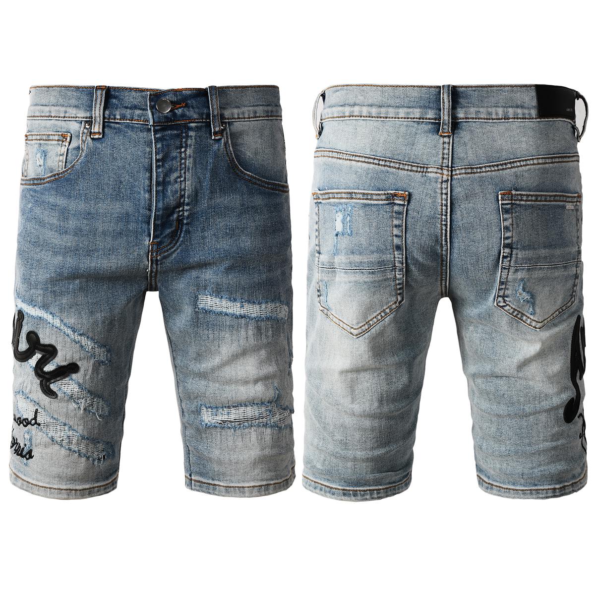 Men's Blue Distressed Denim Shorts with Embroidered Patchwork and Faded Wash 6011