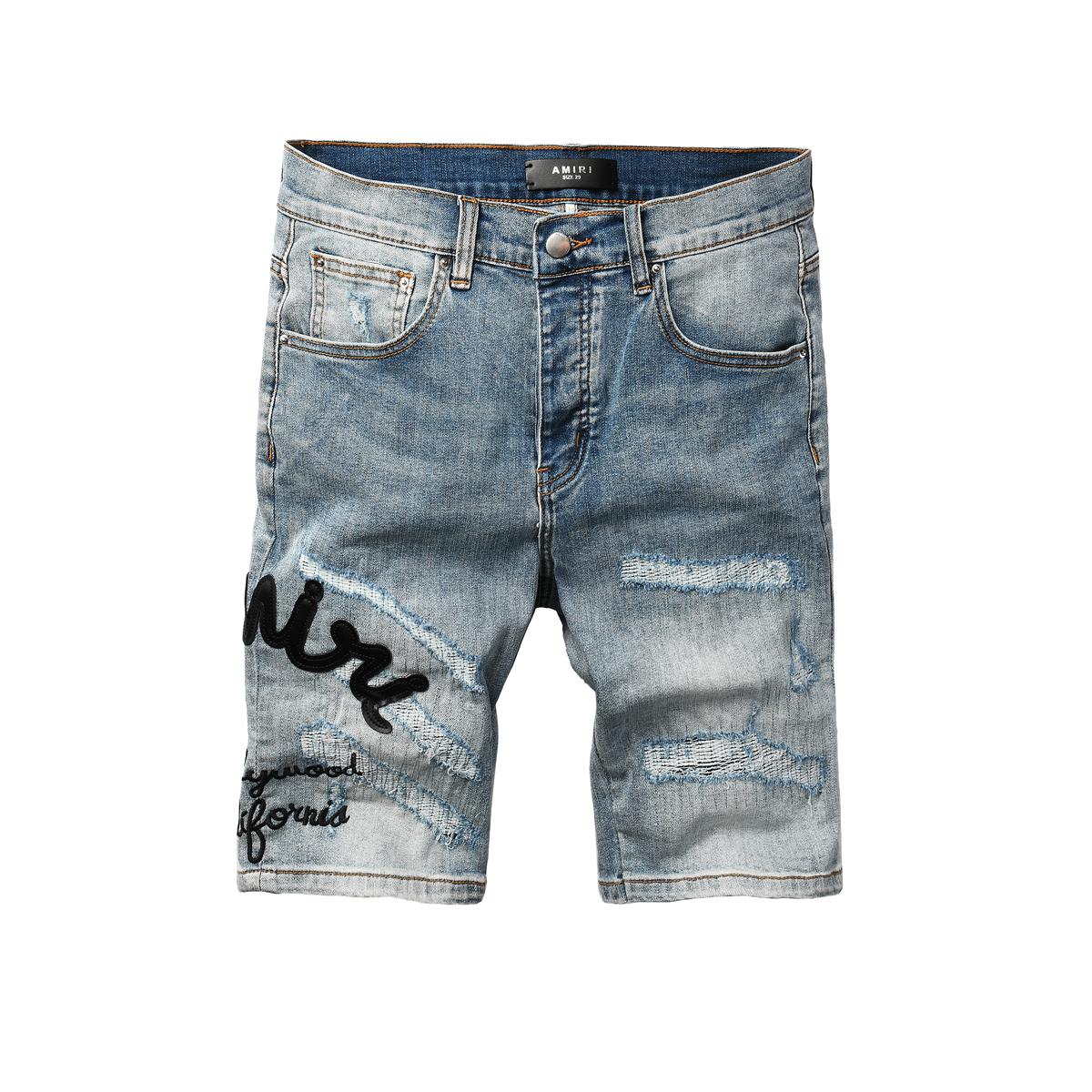 Men's Blue Distressed Denim Shorts with Embroidered Patchwork and Faded Wash 6011