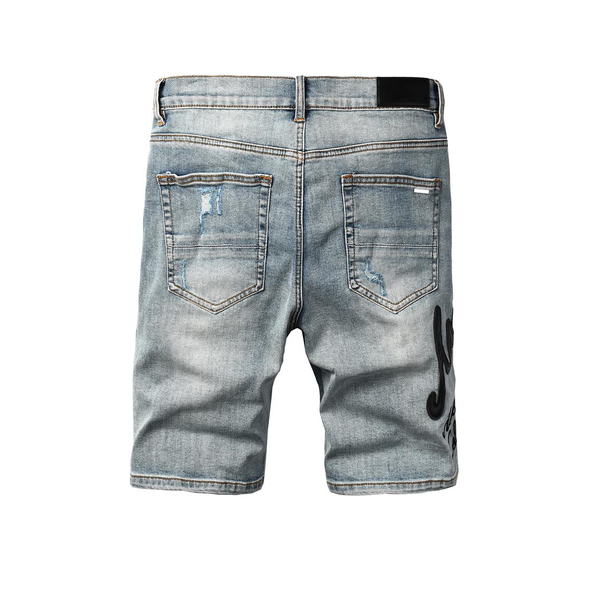Men's Blue Distressed Denim Shorts with Embroidered Patchwork and Faded Wash 6011