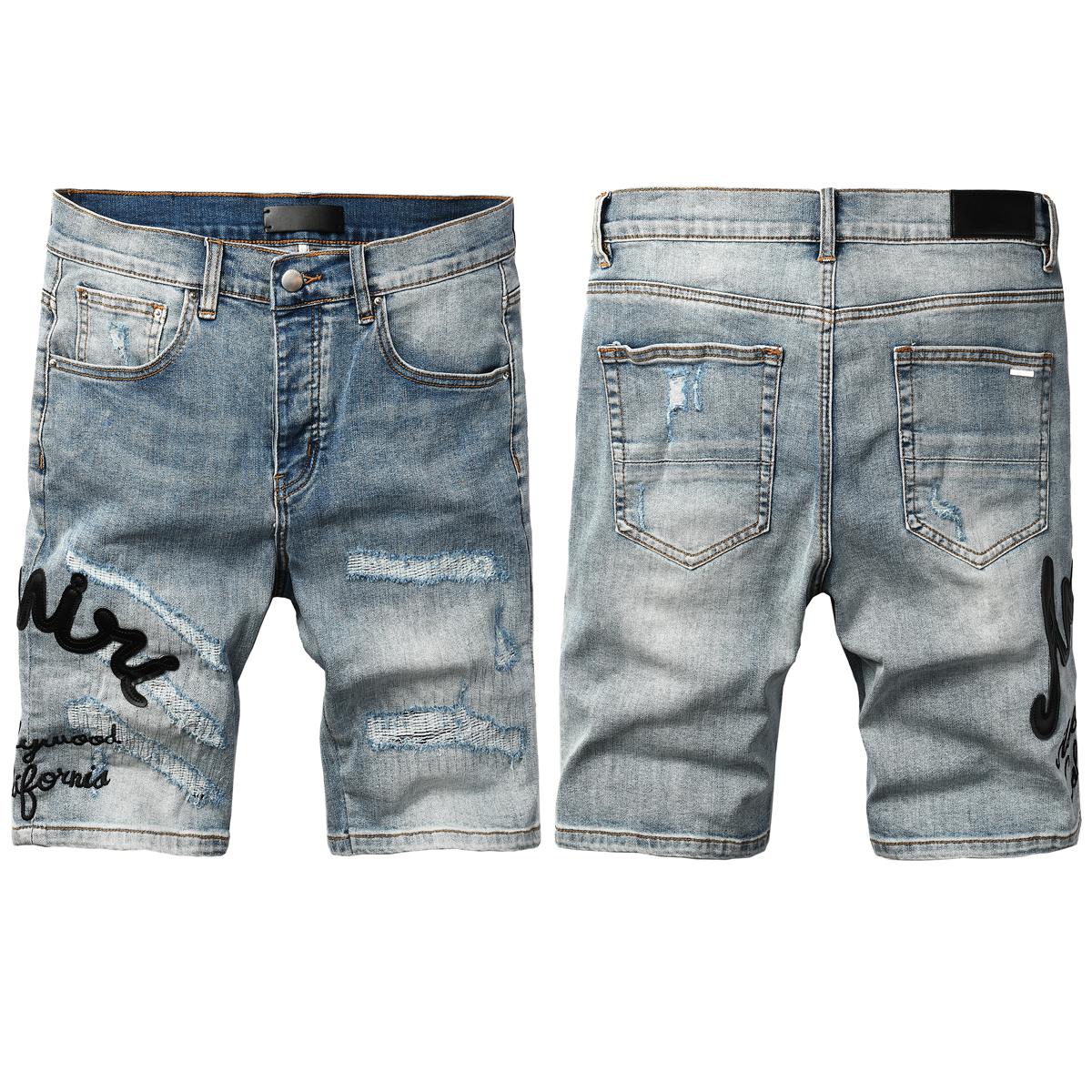 Men's Blue Distressed Denim Shorts with Embroidered Patchwork and Faded Wash 6011