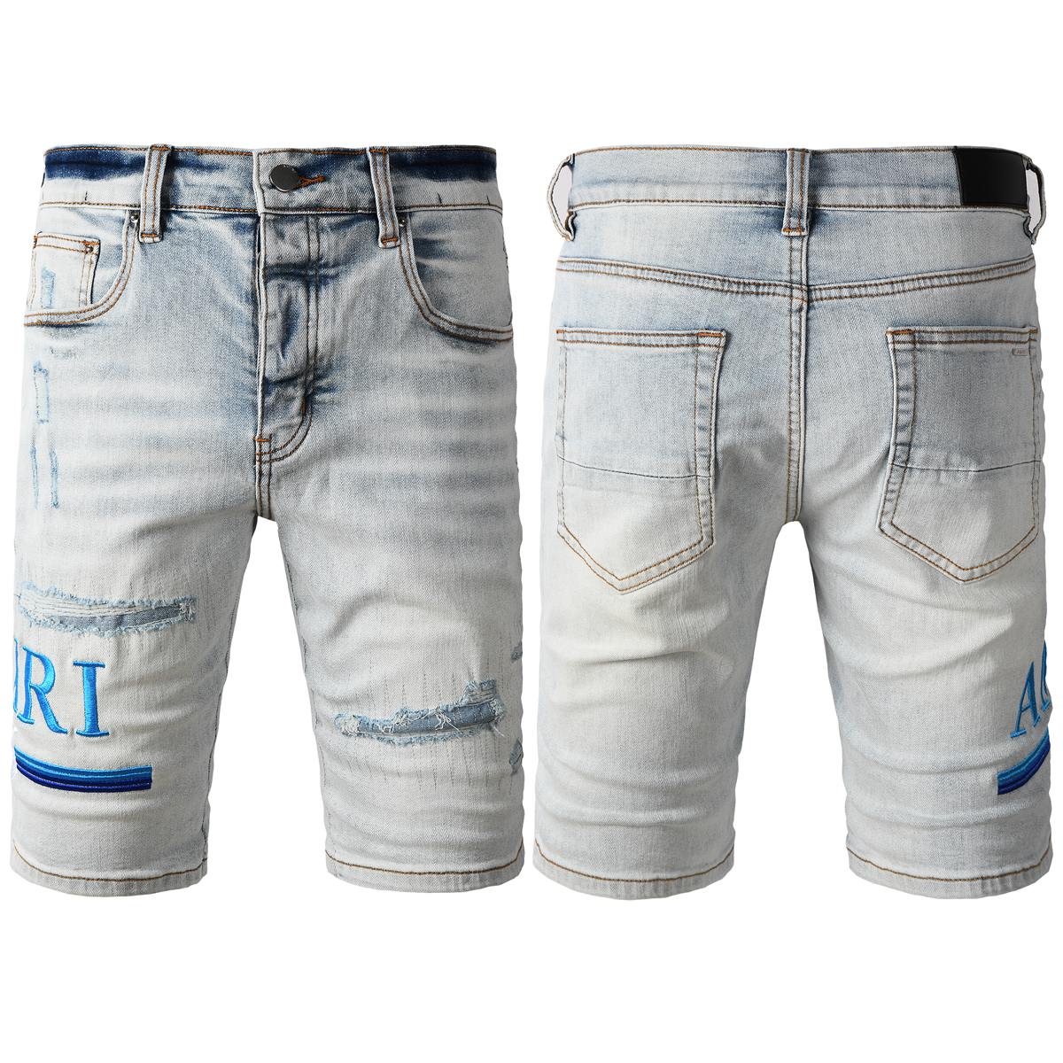 Men's Light Blue Distressed Denim Shorts with Contrast Hem Detail and Faded Wash 6012