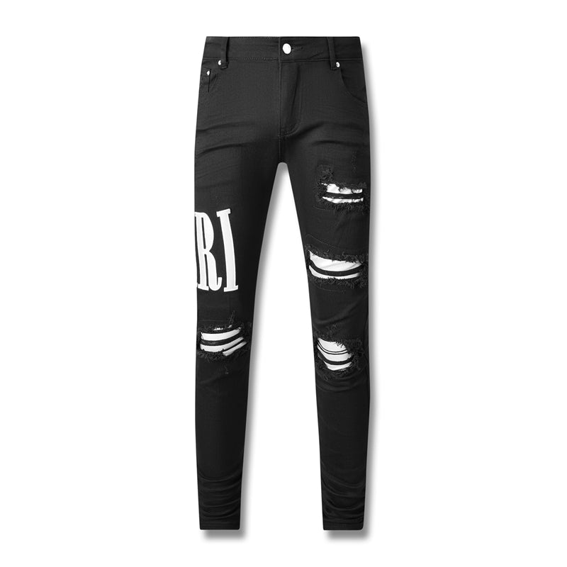 Men's Black Skinny Jeans with Heavy Ripped Details and Bold White Letter Print for an Eye Catching Street Style 604