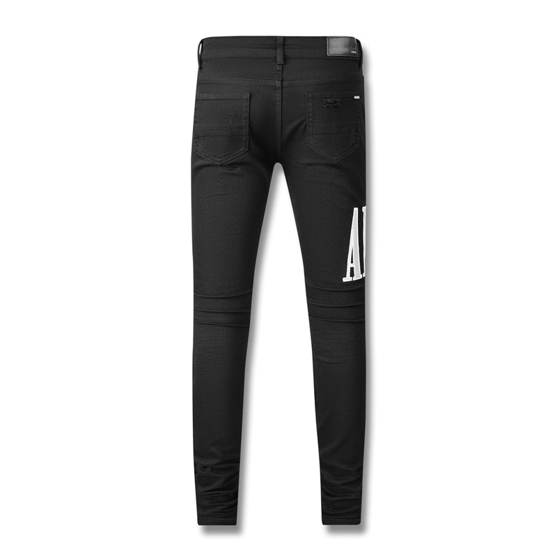 Men's Black Skinny Jeans with Heavy Ripped Details and Bold White Letter Print for an Eye Catching Street Style 604
