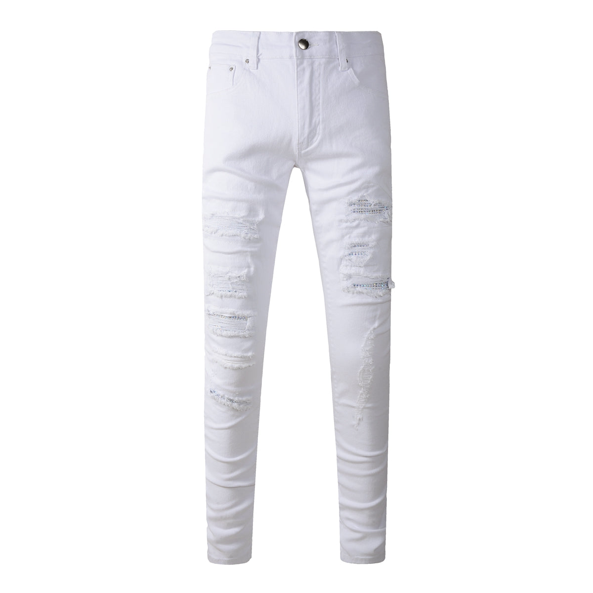 Men’s White Slim Fit Ripped Jeans with Subtle Blue Patchwork Accents and Clean Summer Street Style 625