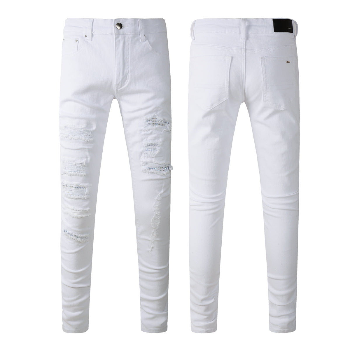 Men’s White Slim Fit Ripped Jeans with Subtle Blue Patchwork Accents and Clean Summer Street Style 625