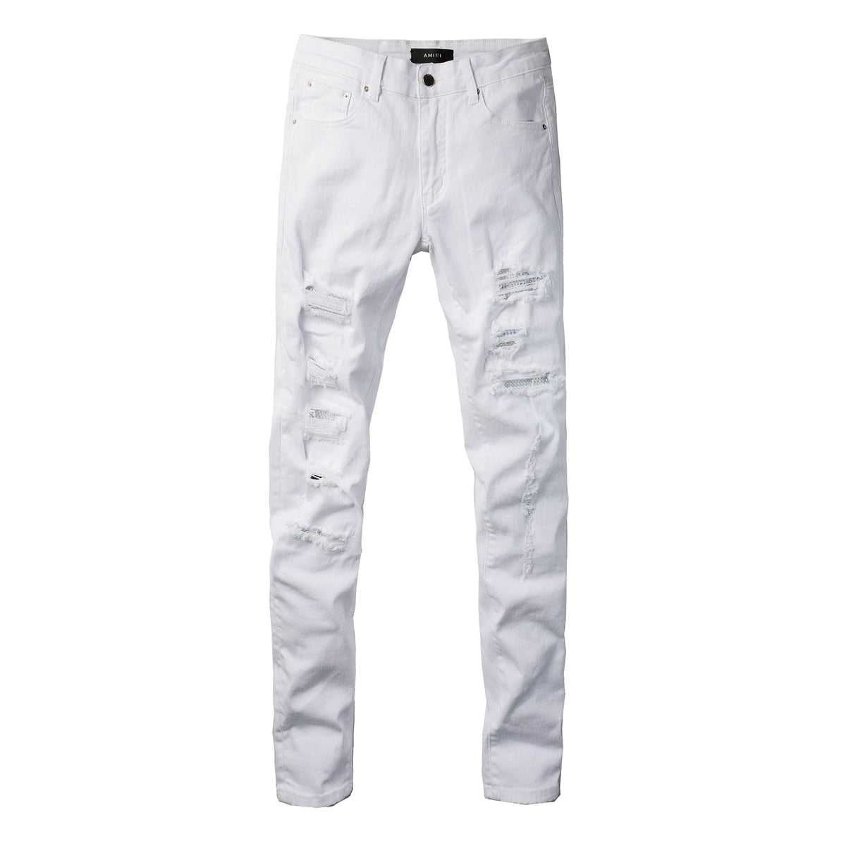 Men’s White Slim Fit Ripped Jeans with Subtle Blue Patchwork Accents and Clean Summer Street Style 625
