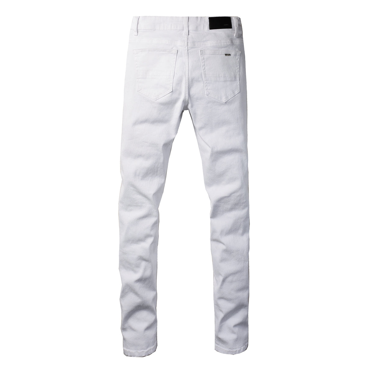 Men’s White Slim Fit Ripped Jeans with Subtle Blue Patchwork Accents and Clean Summer Street Style 625
