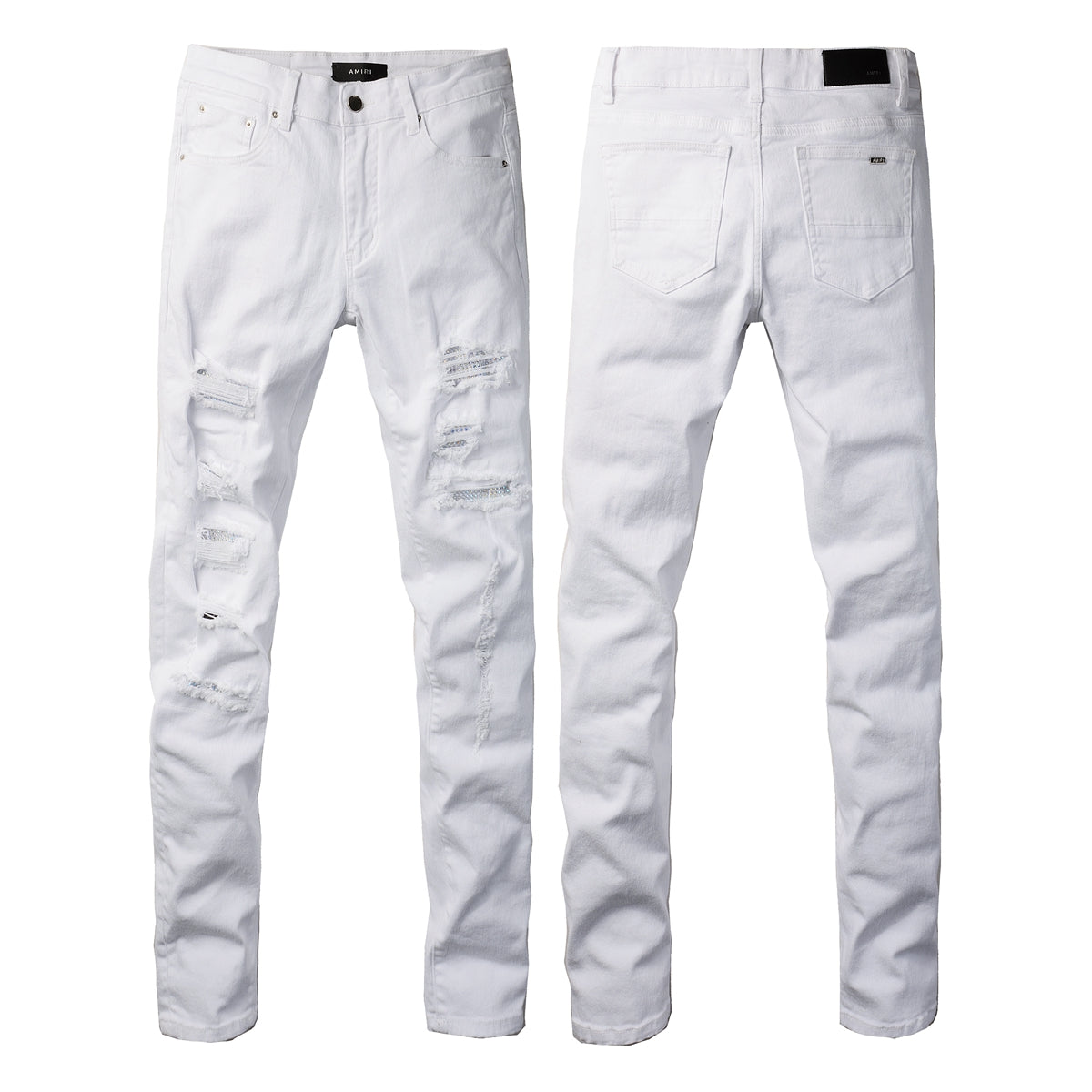 Men’s White Slim Fit Ripped Jeans with Subtle Blue Patchwork Accents and Clean Summer Street Style 625