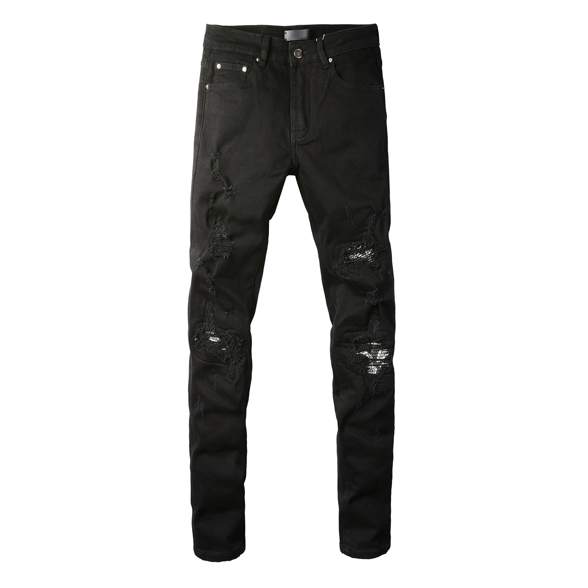 Men’s Black Skinny Jeans with Heavy Ripped Details and Sparkling Fabric Underlays for a Bold Nightlife Look 666