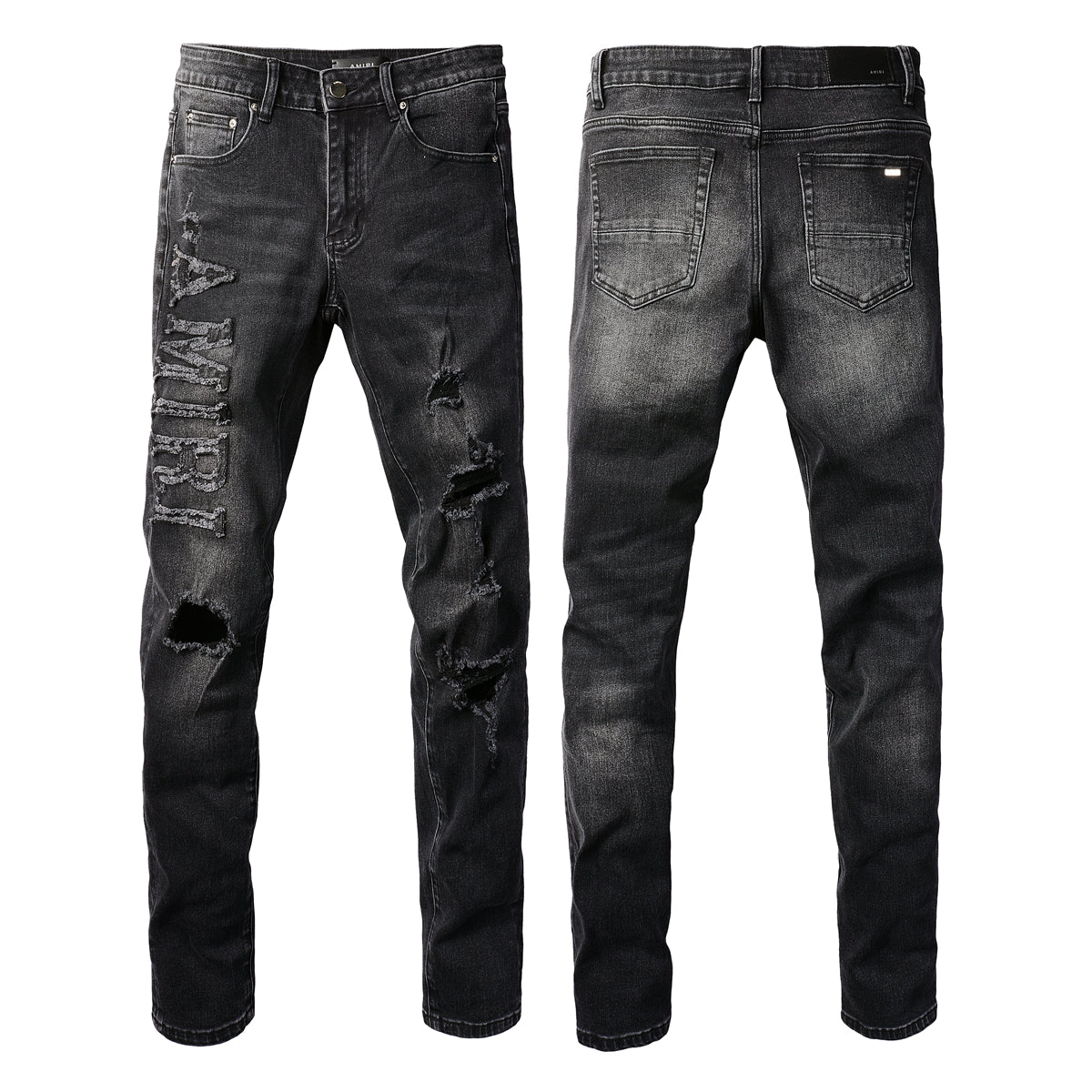 Men’s Black Slim Fit Jeans with Bold Ripped Details and Large Embroidered Lettering for a Statement Street Style 698