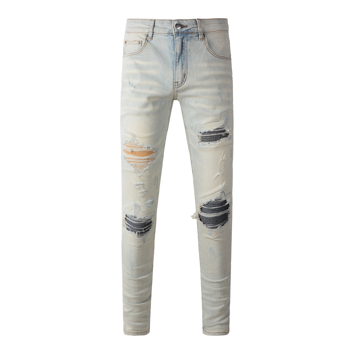 Men’s Light Washed Skinny Jeans with Heavy Ripped Details and Dark Contrast Patchwork for a Vintage Street Look 699