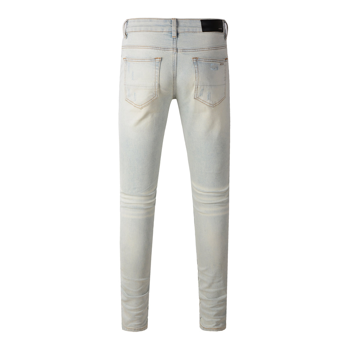 Men’s Light Washed Skinny Jeans with Heavy Ripped Details and Dark Contrast Patchwork for a Vintage Street Look 699