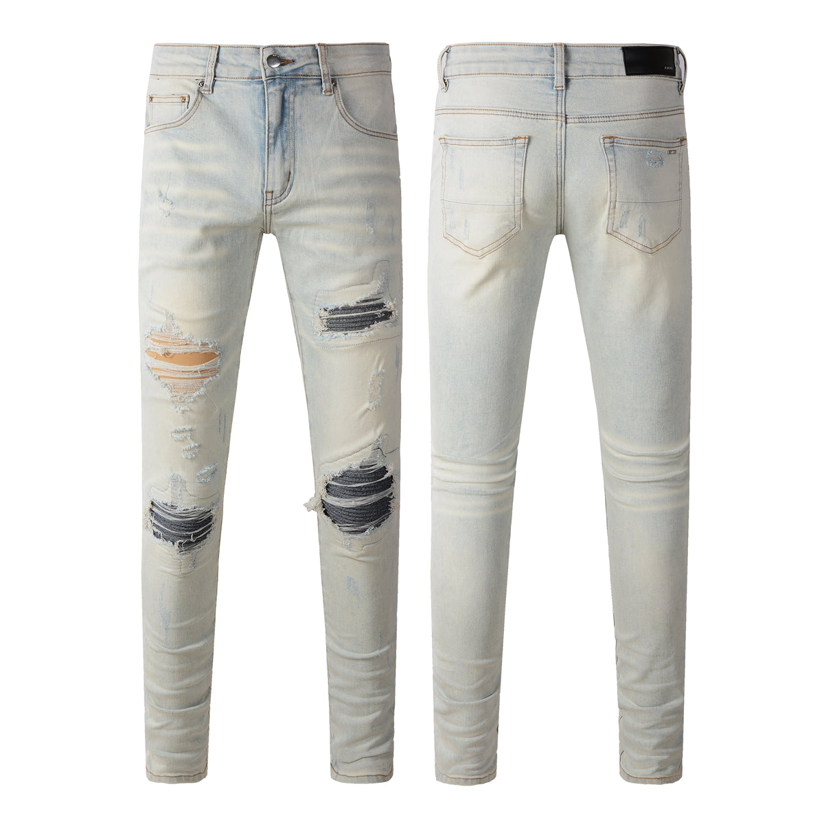 Men’s Light Washed Skinny Jeans with Heavy Ripped Details and Dark Contrast Patchwork for a Vintage Street Look 699