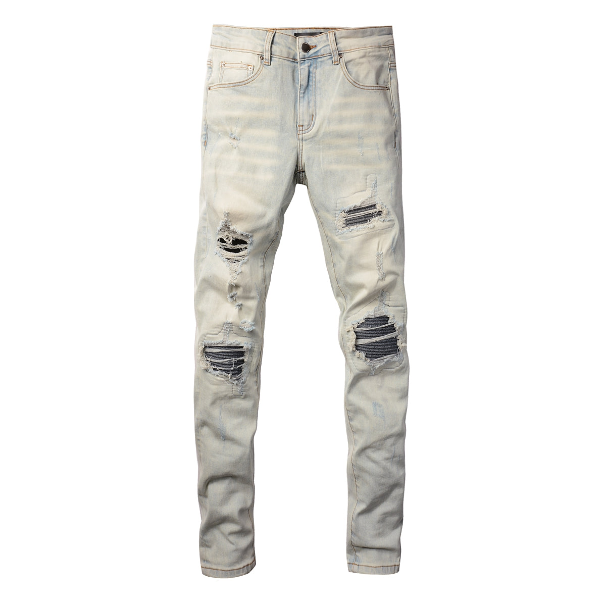 Men’s Light Washed Skinny Jeans with Heavy Ripped Details and Dark Contrast Patchwork for a Vintage Street Look 699