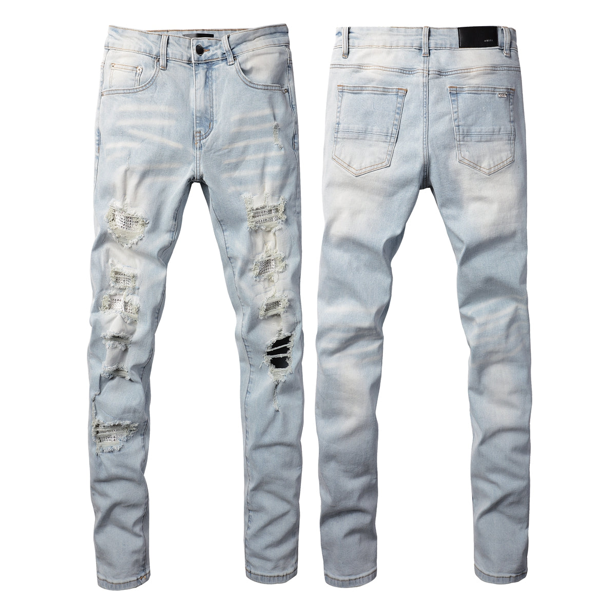Pantalones casuales de mezclilla de comercio exterior High Street de algodón microelástico para jóvenes, jeans ajustados rotos azules 808