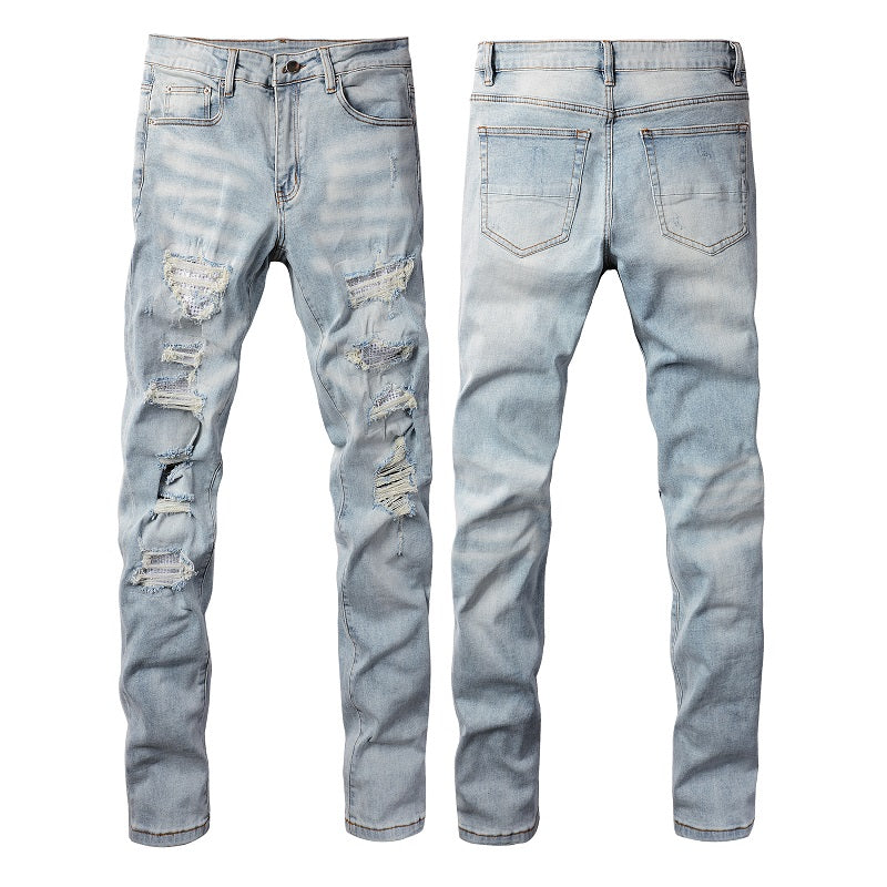 Pantalones casuales de mezclilla de comercio exterior High Street de algodón microelástico para jóvenes, jeans ajustados rotos azules 808