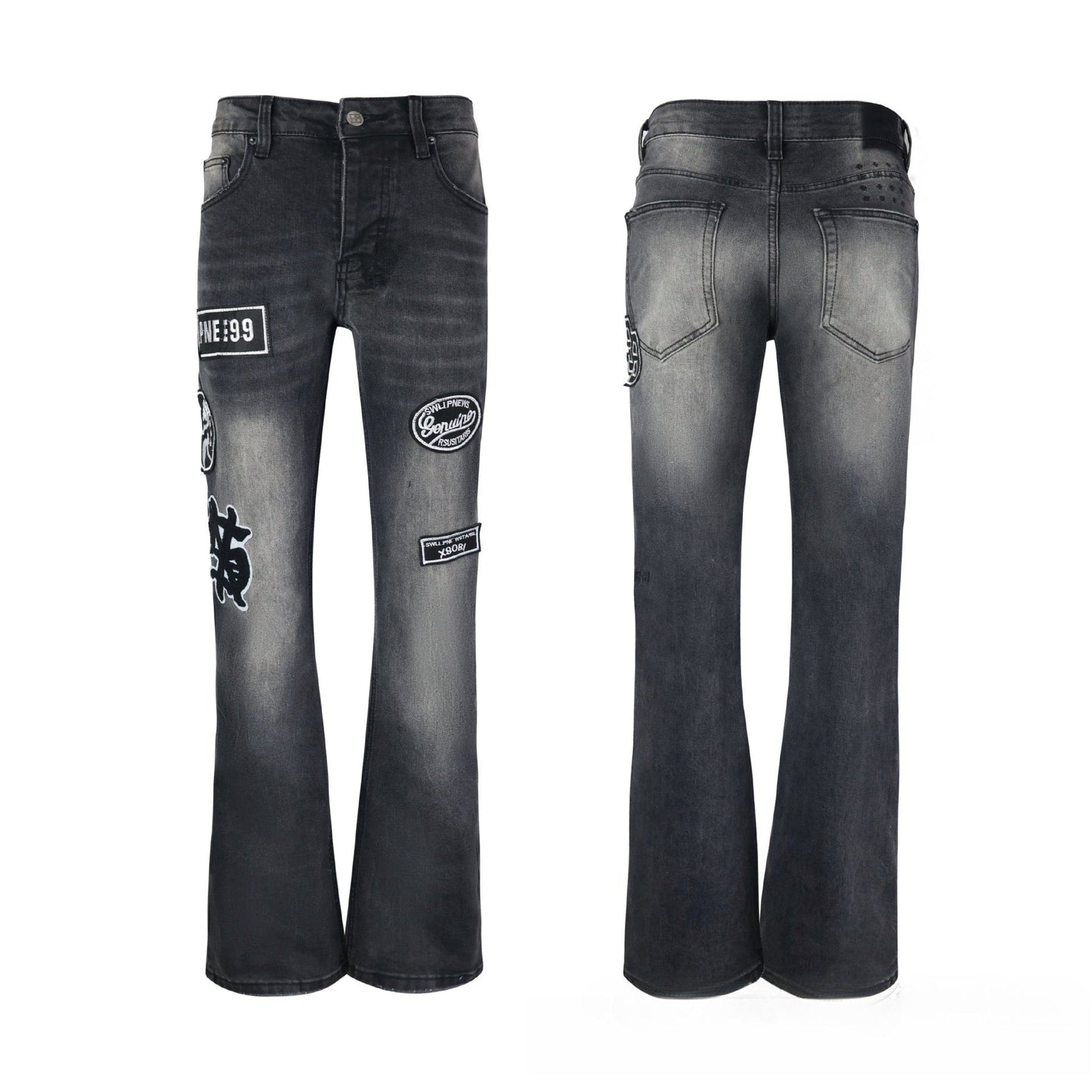 Premium Charcoal Black Denim - Iconic Cross Embroidery Detail with Rugged Aged Finish