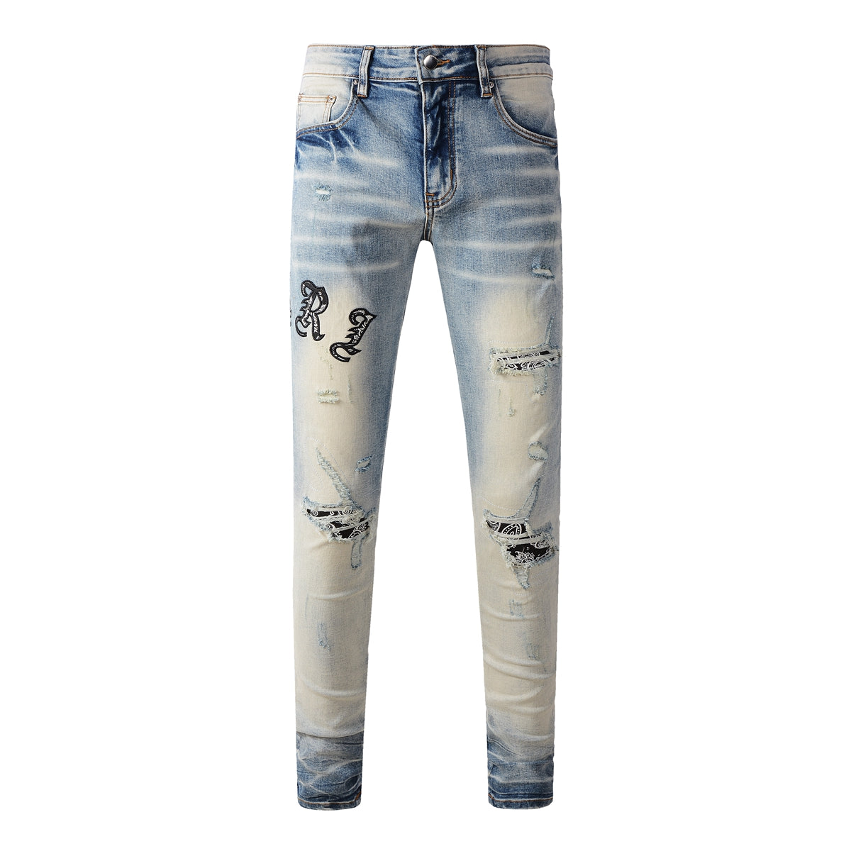 Men’s Gradient Washed Light Blue Jeans with Distressed Details, Floral Fabric Patches and Gothic Letter Embroidery 828