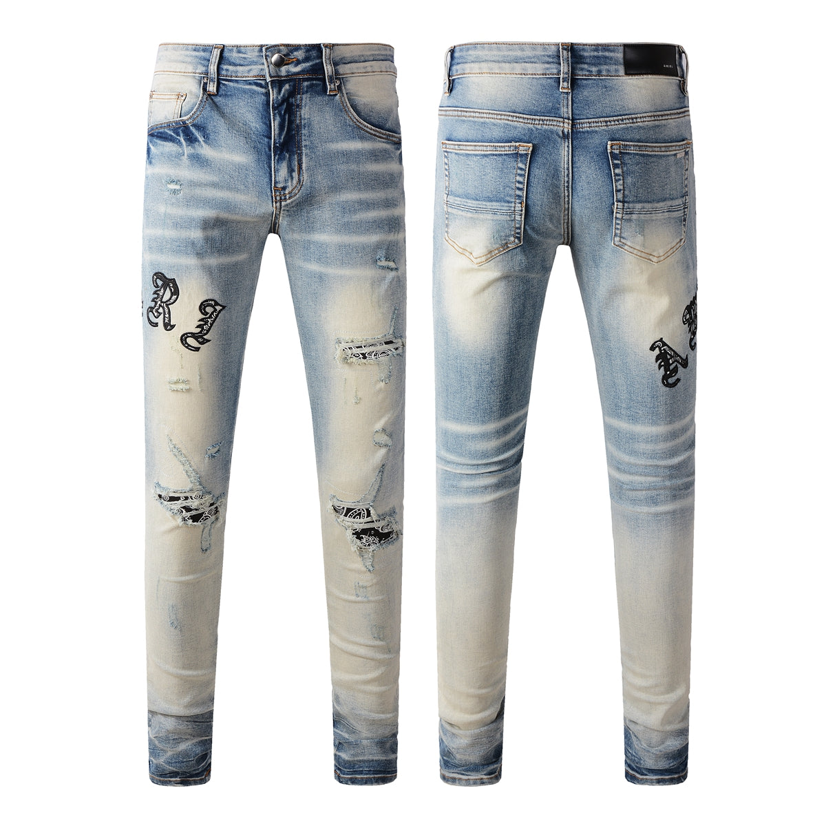 Men’s Gradient Washed Light Blue Jeans with Distressed Details, Floral Fabric Patches and Gothic Letter Embroidery 828