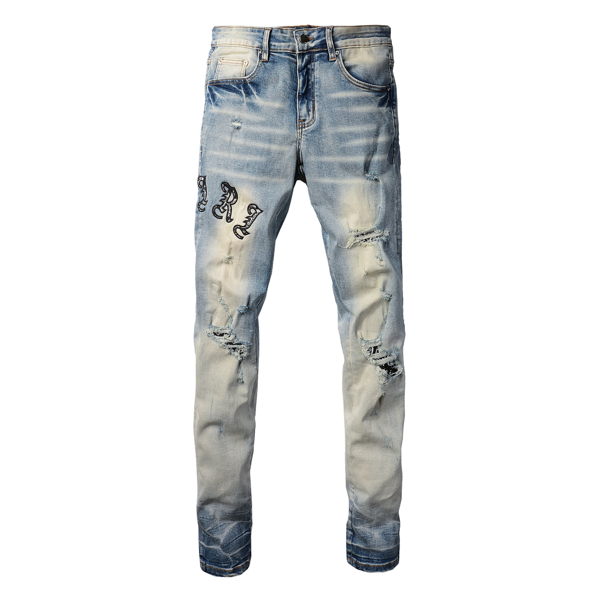 Men’s Gradient Washed Light Blue Jeans with Distressed Details, Floral Fabric Patches and Gothic Letter Embroidery 828