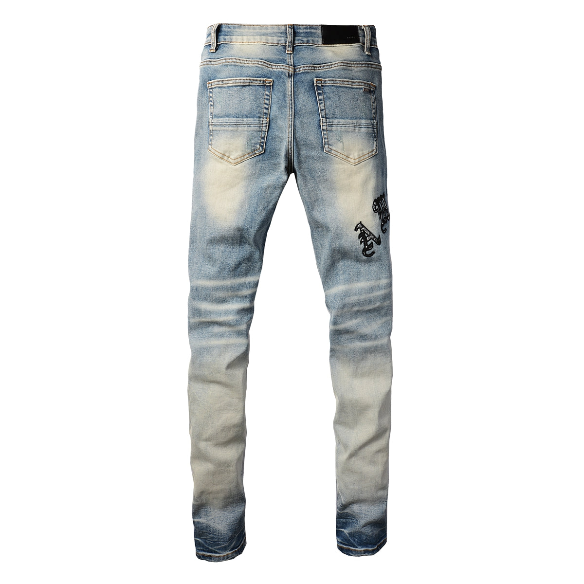 Men’s Gradient Washed Light Blue Jeans with Distressed Details, Floral Fabric Patches and Gothic Letter Embroidery 828