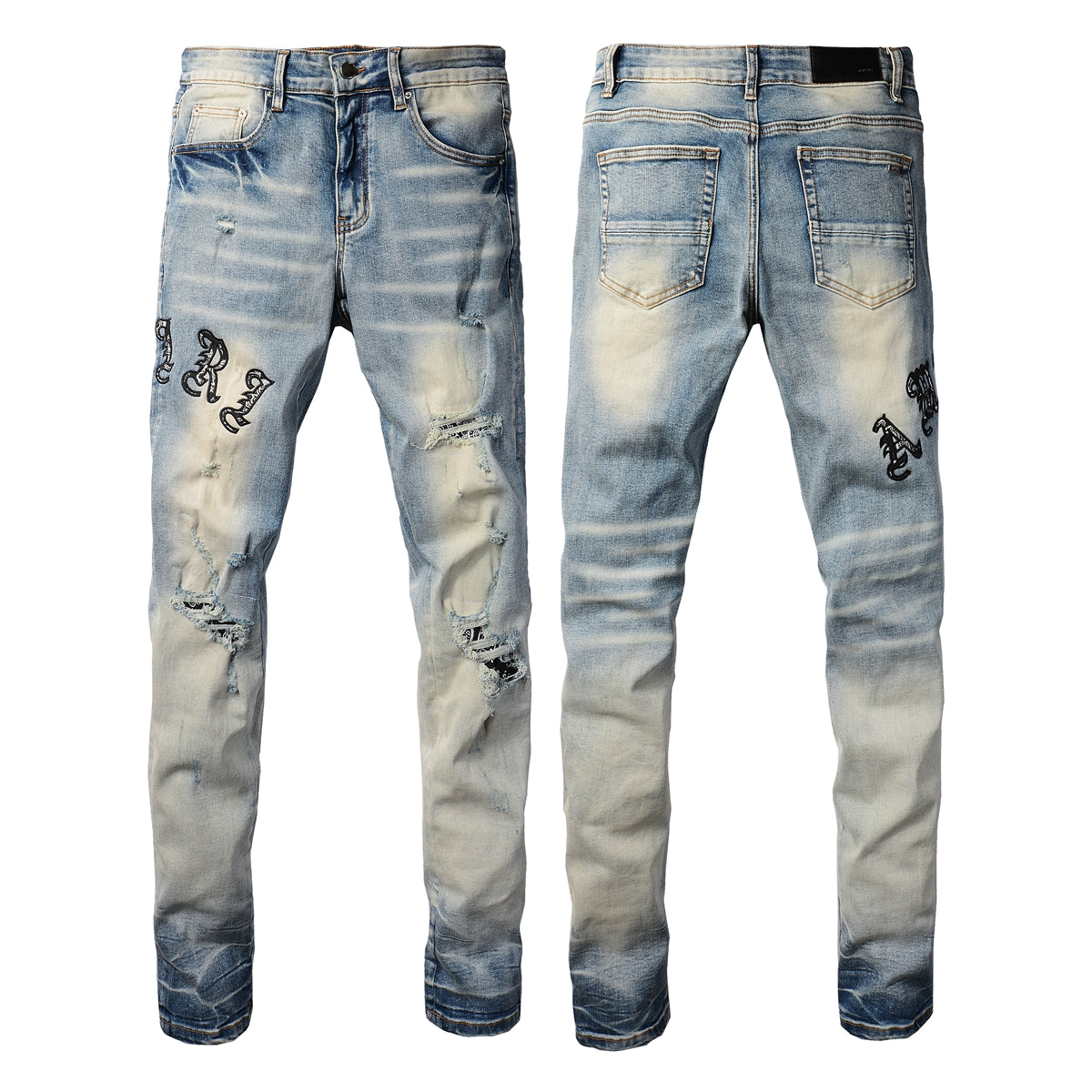 Men’s Gradient Washed Light Blue Jeans with Distressed Details, Floral Fabric Patches and Gothic Letter Embroidery 828