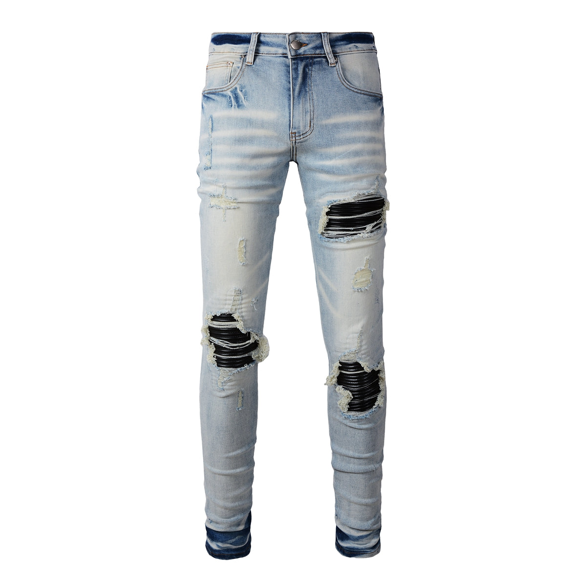 Men’s Light Blue Ripped Skinny Jeans with Black Fabric Patches, Distressed Detailing and Gradient Wash 848