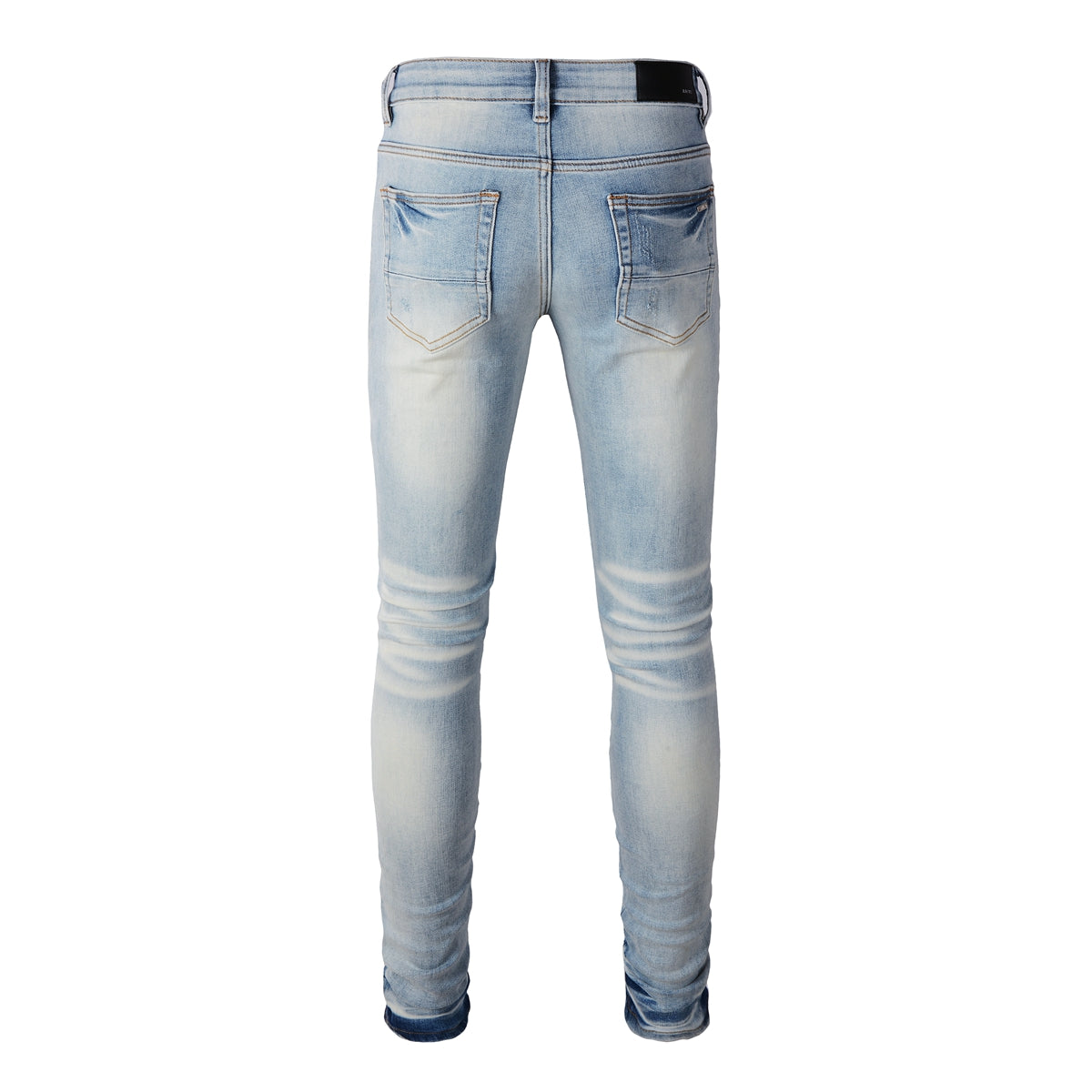 Men’s Light Blue Ripped Skinny Jeans with Black Fabric Patches, Distressed Detailing and Gradient Wash 848