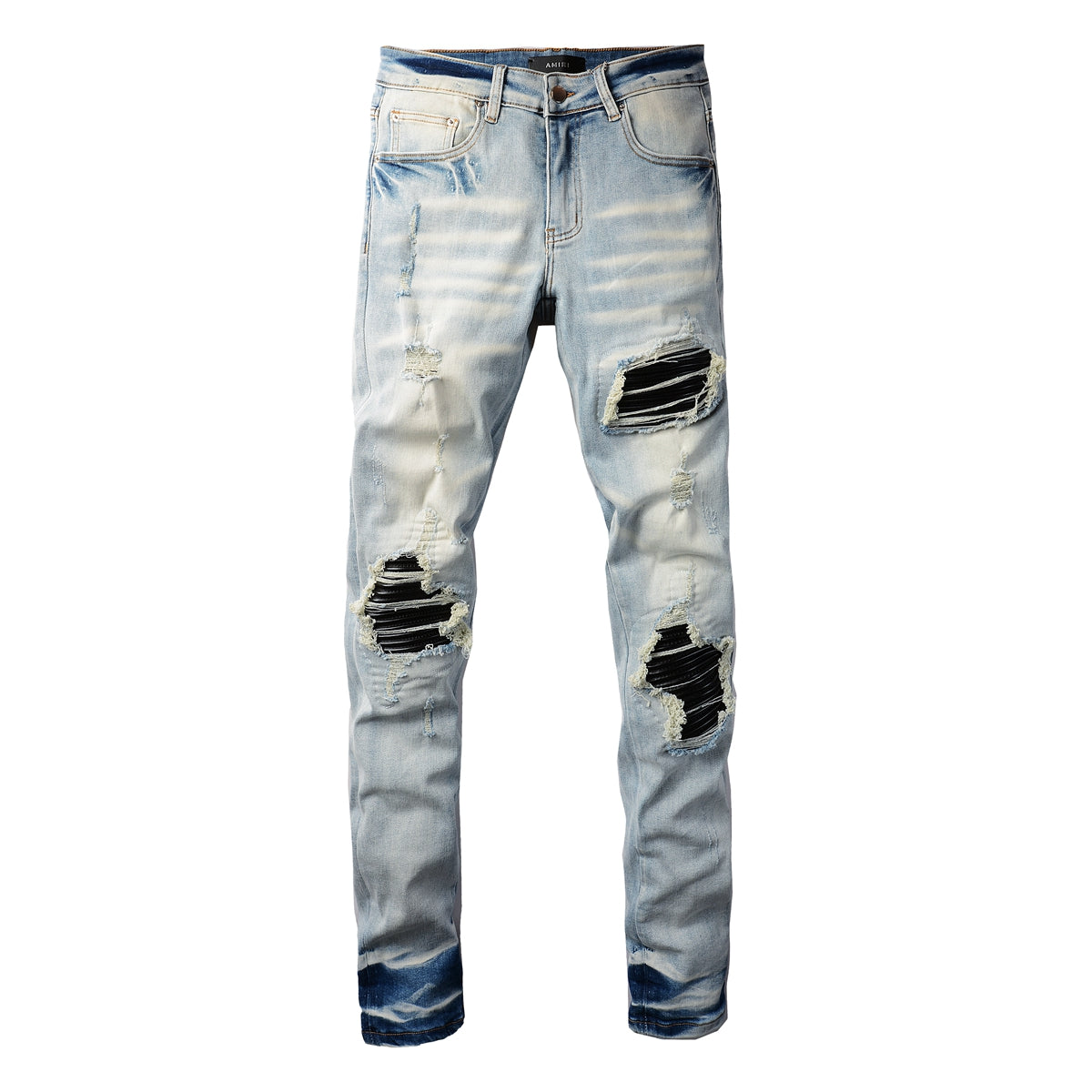 Men’s Light Blue Ripped Skinny Jeans with Black Fabric Patches, Distressed Detailing and Gradient Wash 848