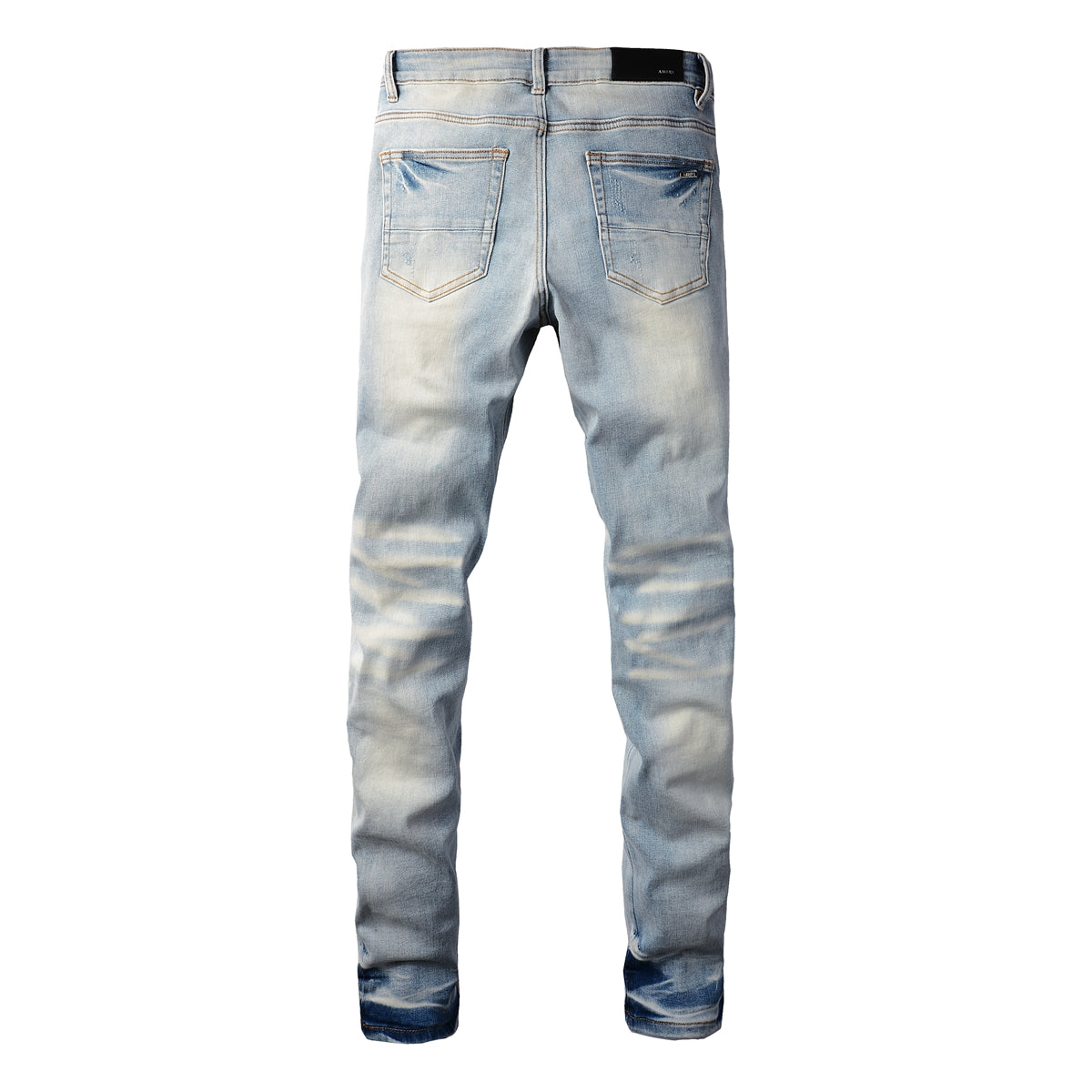 Men’s Light Blue Ripped Skinny Jeans with Black Fabric Patches, Distressed Detailing and Gradient Wash 848
