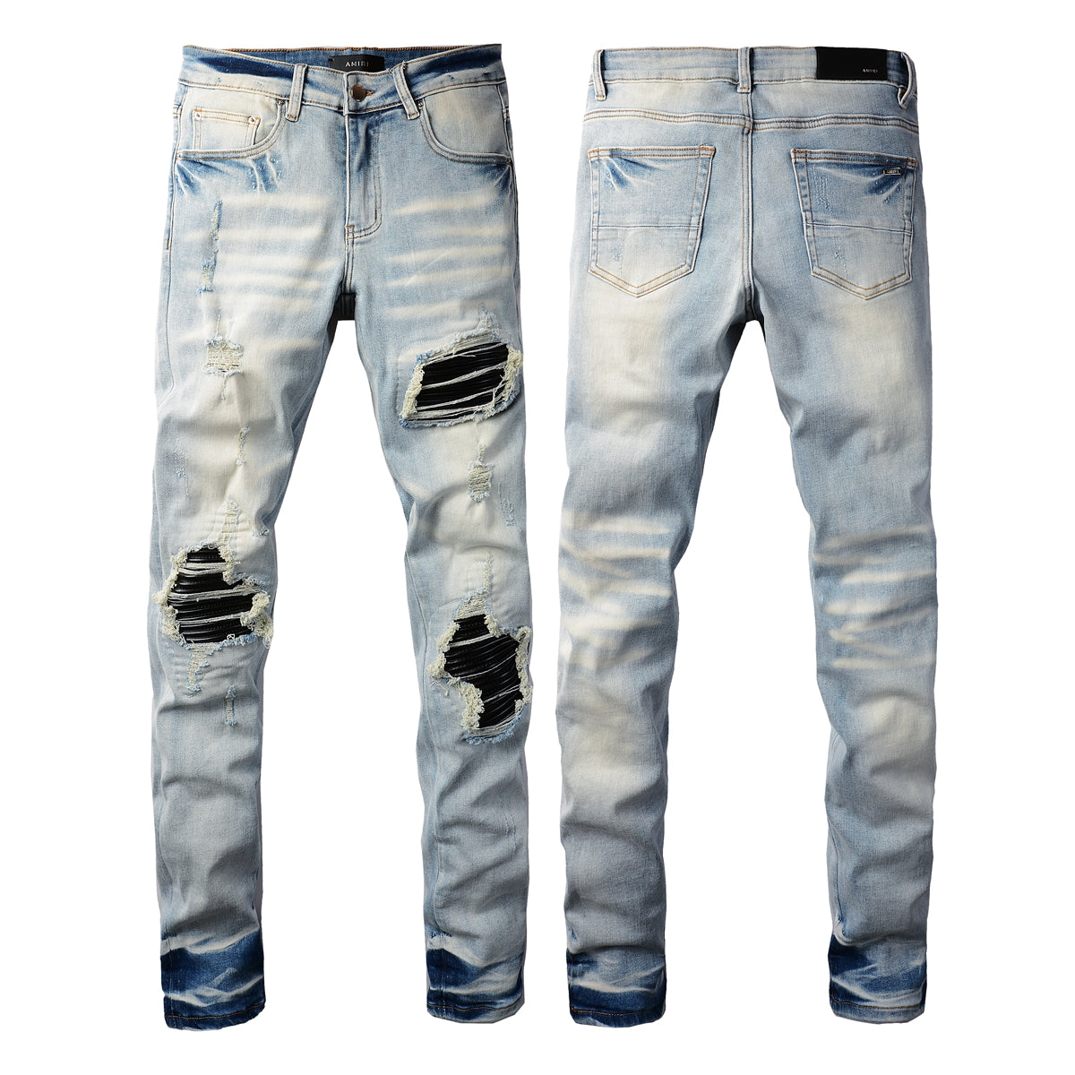 Men’s Light Blue Ripped Skinny Jeans with Black Fabric Patches, Distressed Detailing and Gradient Wash 848