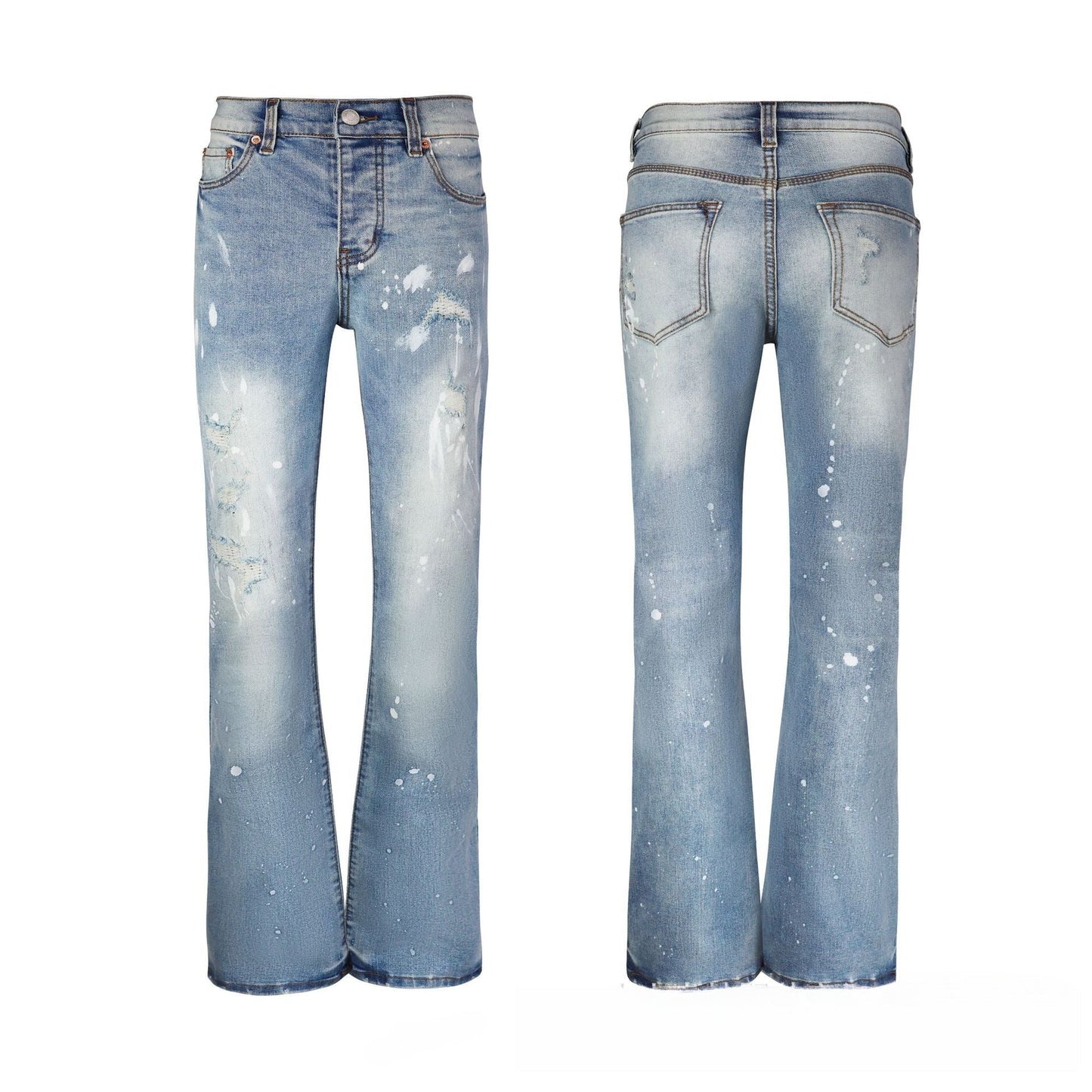 Men's Blue Flare Jeans - Artistic White Paint Splatter Denim with Vintage Snow Wash