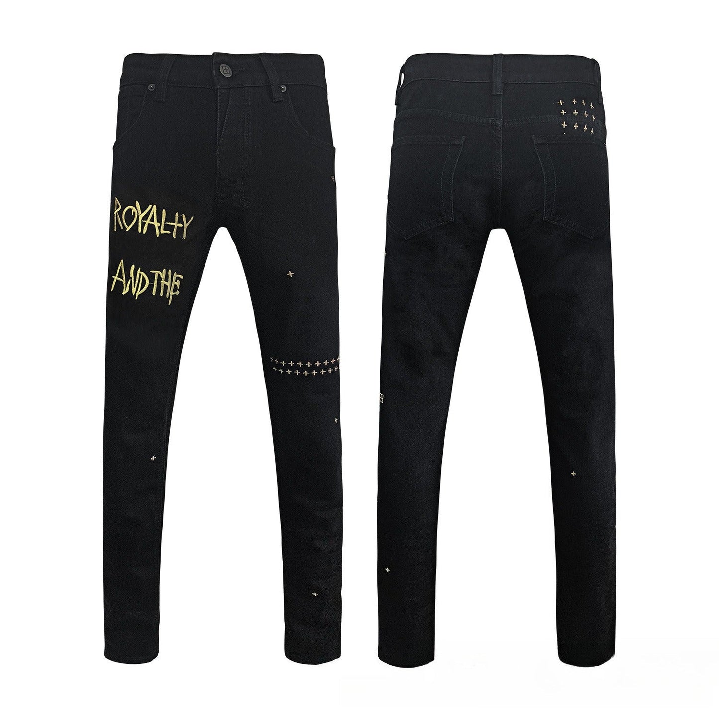 Black Light Wash Flared Jeans Featuring Bold Gold Script Embroidery and Back Pocket Studs High Rise Wide Leg Destroyed Pants