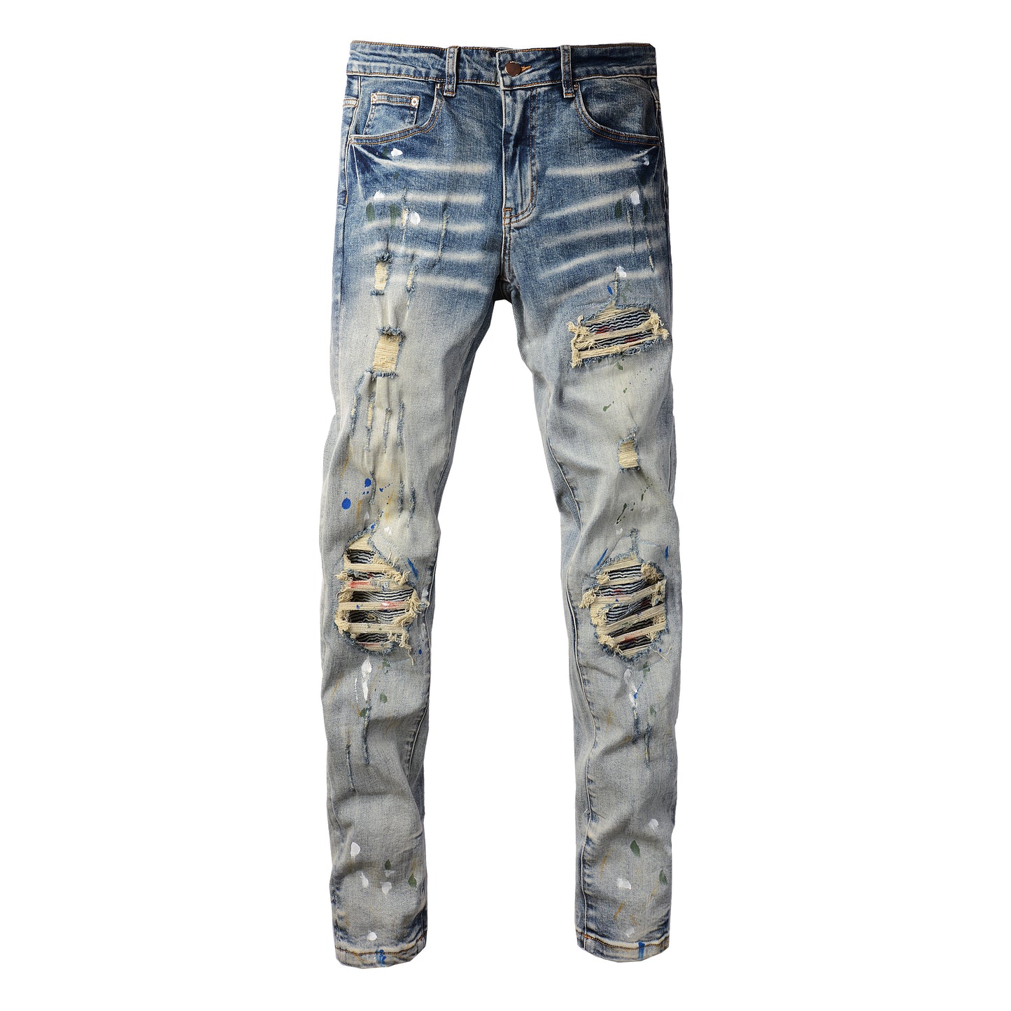 Men’s Blue Washed Skinny Jeans with Paint Splatter Details, Ripped Knees and Striped Fabric Underlays 8811