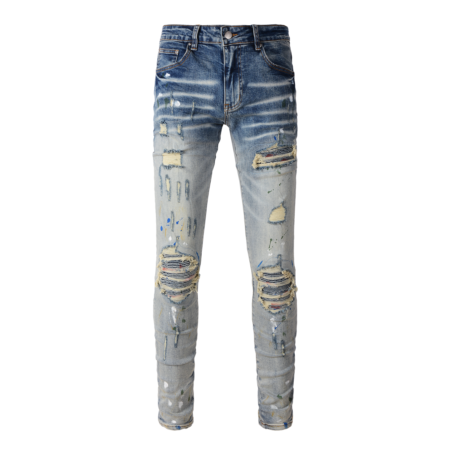 Men’s Blue Washed Skinny Jeans with Paint Splatter Details, Ripped Knees and Striped Fabric Underlays 8811
