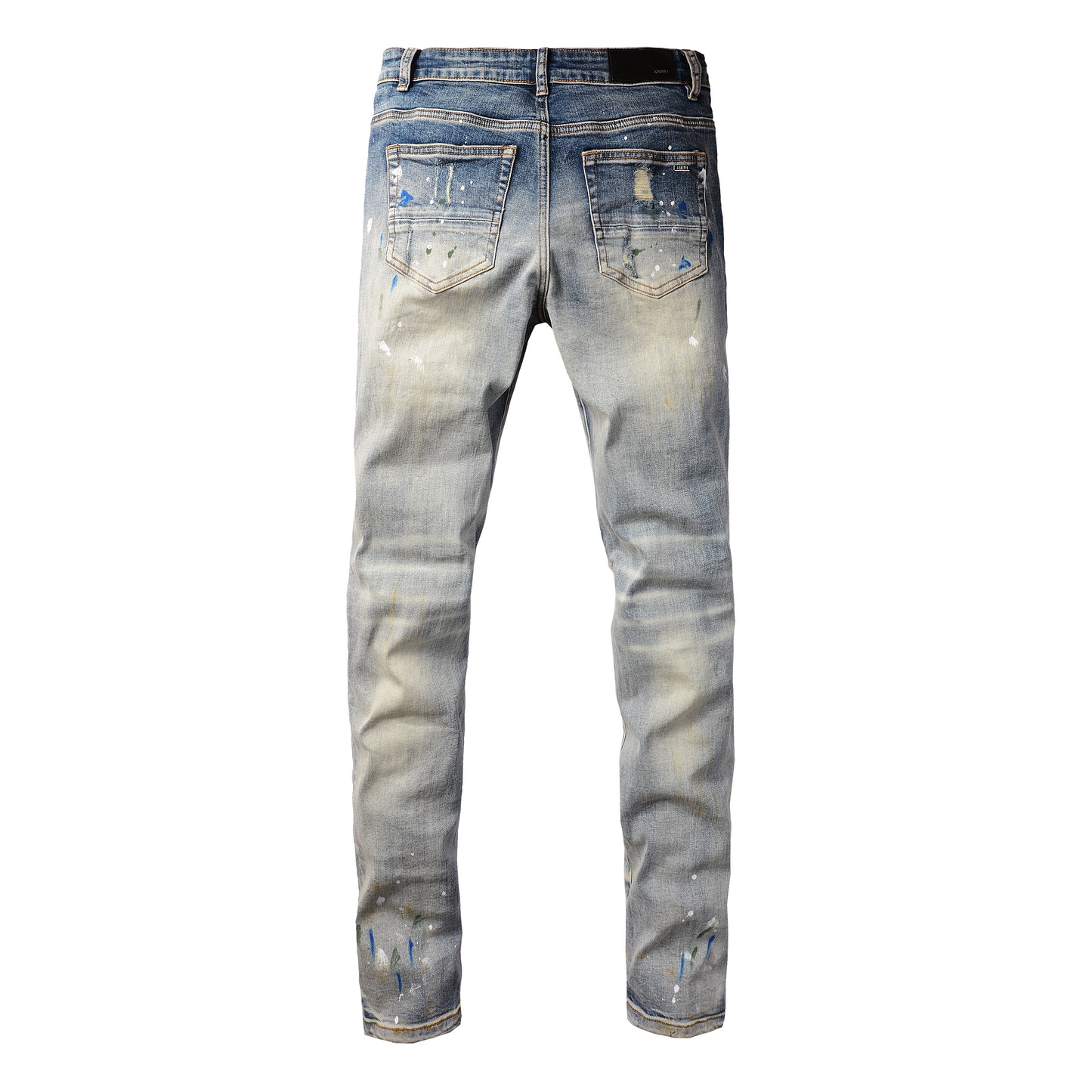 Men’s Blue Washed Skinny Jeans with Paint Splatter Details, Ripped Knees and Striped Fabric Underlays 8811