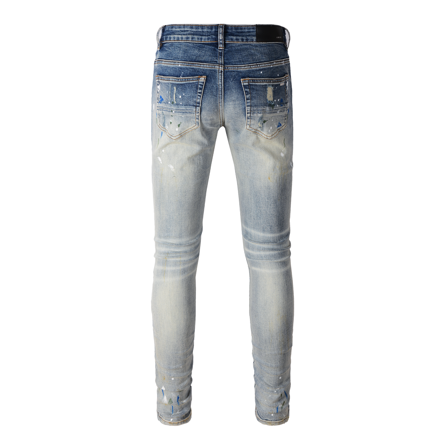 Men’s Blue Washed Skinny Jeans with Paint Splatter Details, Ripped Knees and Striped Fabric Underlays 8811
