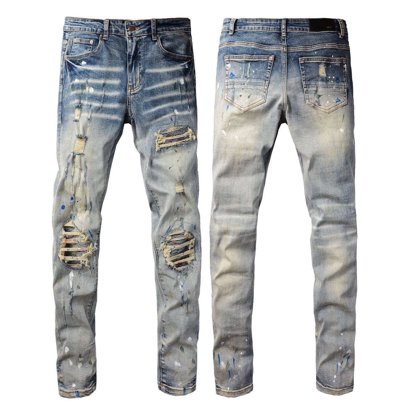 Men’s Blue Washed Skinny Jeans with Paint Splatter Details, Ripped Knees and Striped Fabric Underlays 8811