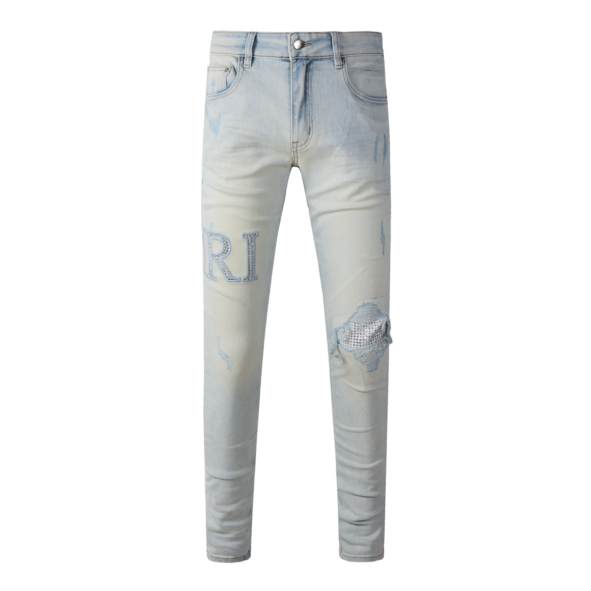 Washed Slim Fit Denim for Men Featuring Minimal Letter Patch and Mesh Layered Rip for Trendy Streetwear 8818-1