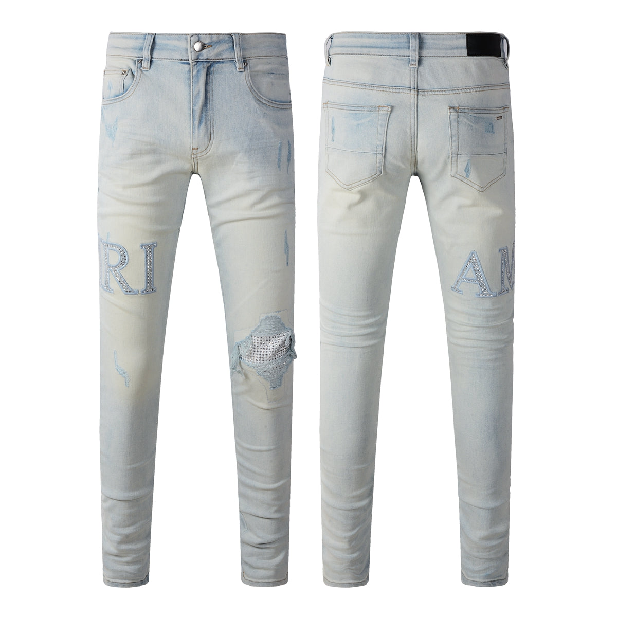 Washed Slim Fit Denim for Men Featuring Minimal Letter Patch and Mesh Layered Rip for Trendy Streetwear 8818-1